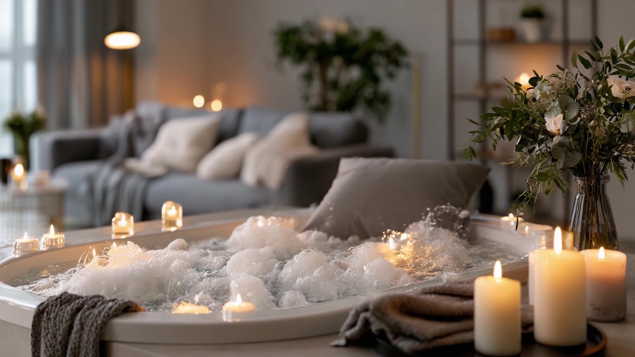 Un'esperienza di bagno schiuma serena con candele tremolanti, arredamento accogliente e un'atmosfera rilassante, perfetta per una giornata di coccole e cura di sé in un bellissimo ambiente bagno.