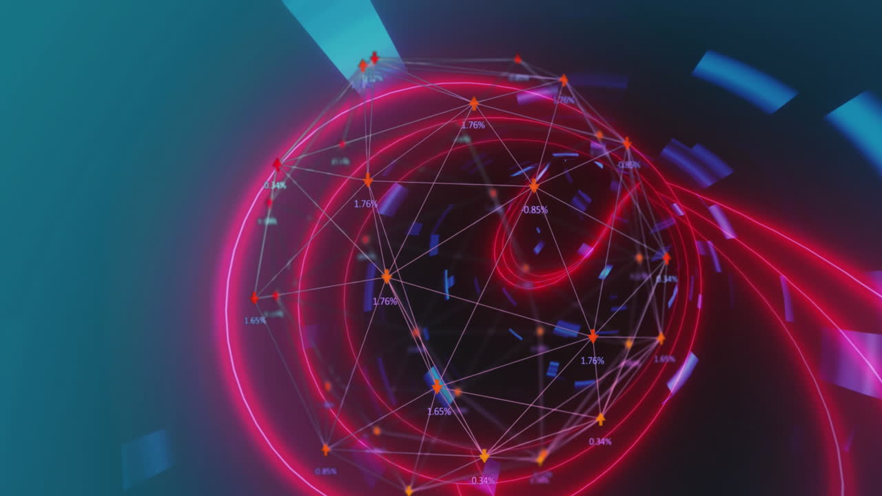animación de íconos conectados que forman un globo en un túnel circular contra un fondo azul