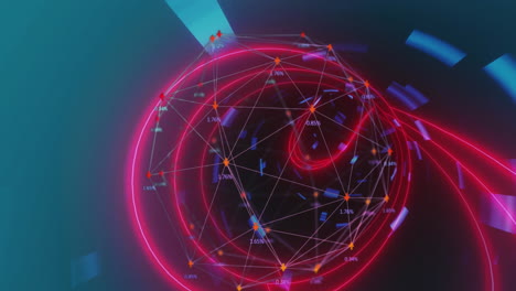 animación de íconos conectados que forman un globo en un túnel circular contra un fondo azul