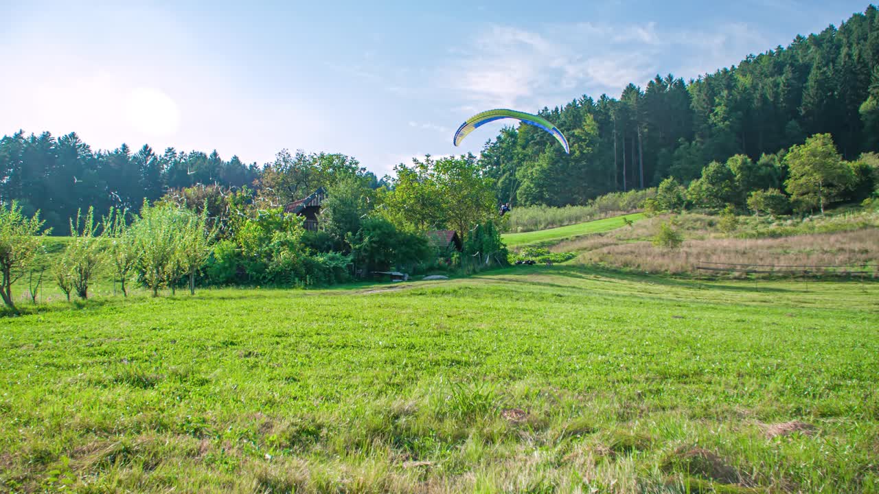 Paraglider executing landing manoeuvres on green field. Flock of birds flying