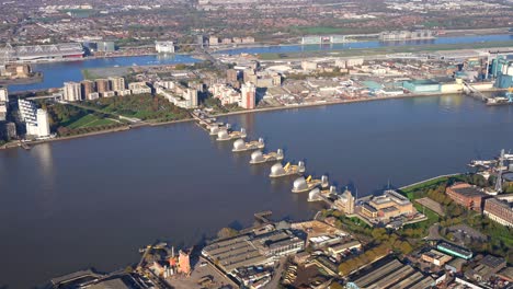 Aerial-View-of-the-Thames-Barrier-and-barrier-control-centre,-London,-UK