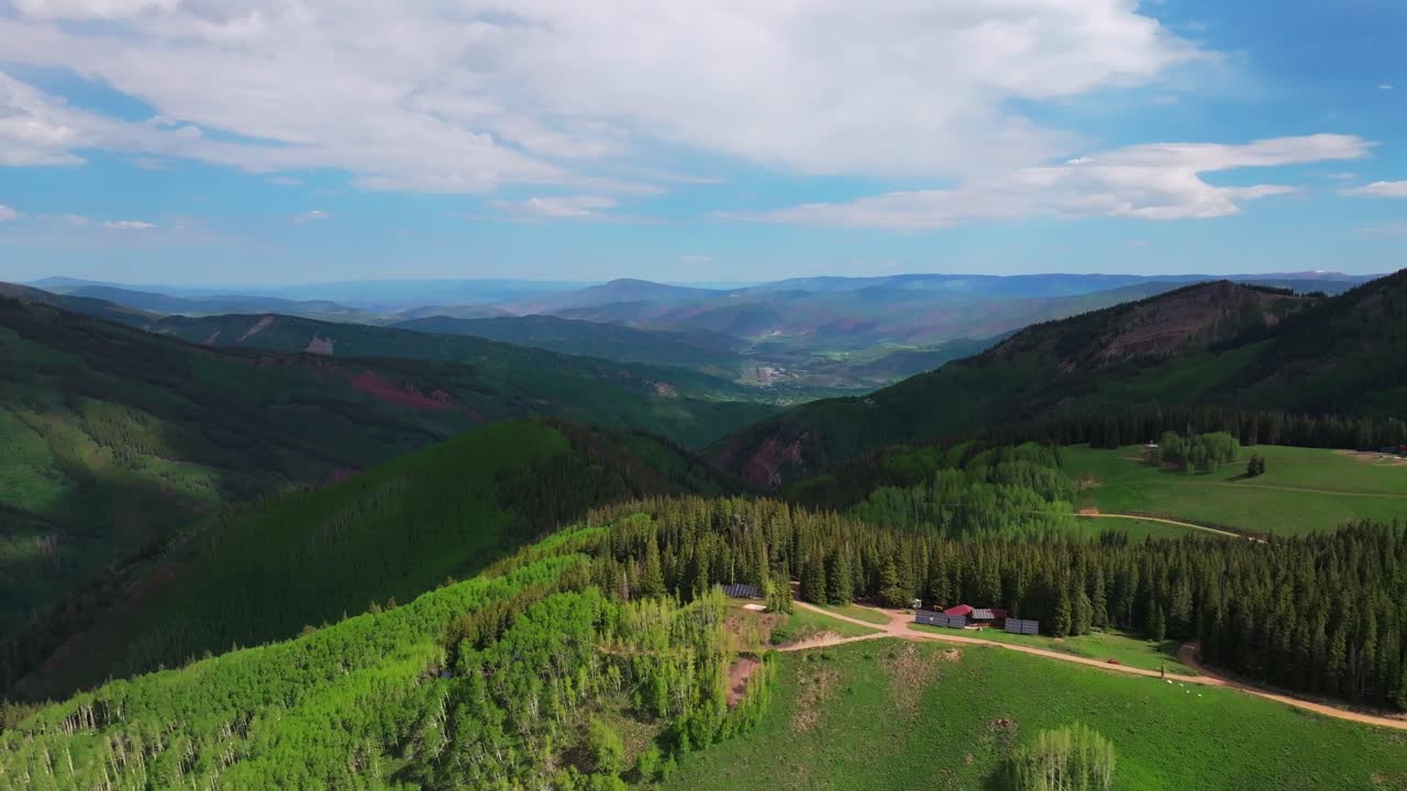 Aspen Mountain Highlands Bowl AJAX summer spring morning blue sky camping aerial drone Colorado Aspen Snowmass Airport valley hillside 4wd trail road Conundrum creek Richmond Hill forward motion