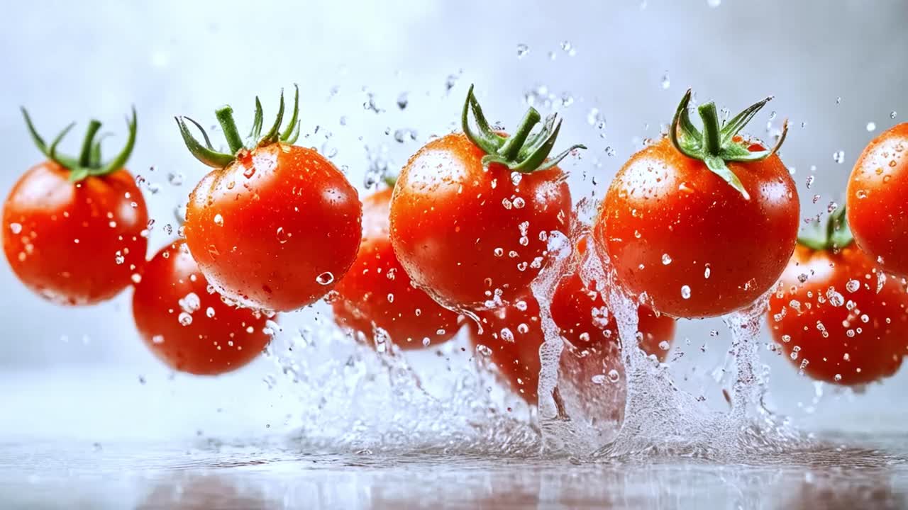 신선한 토마토가 물에 어지고 있습니다.