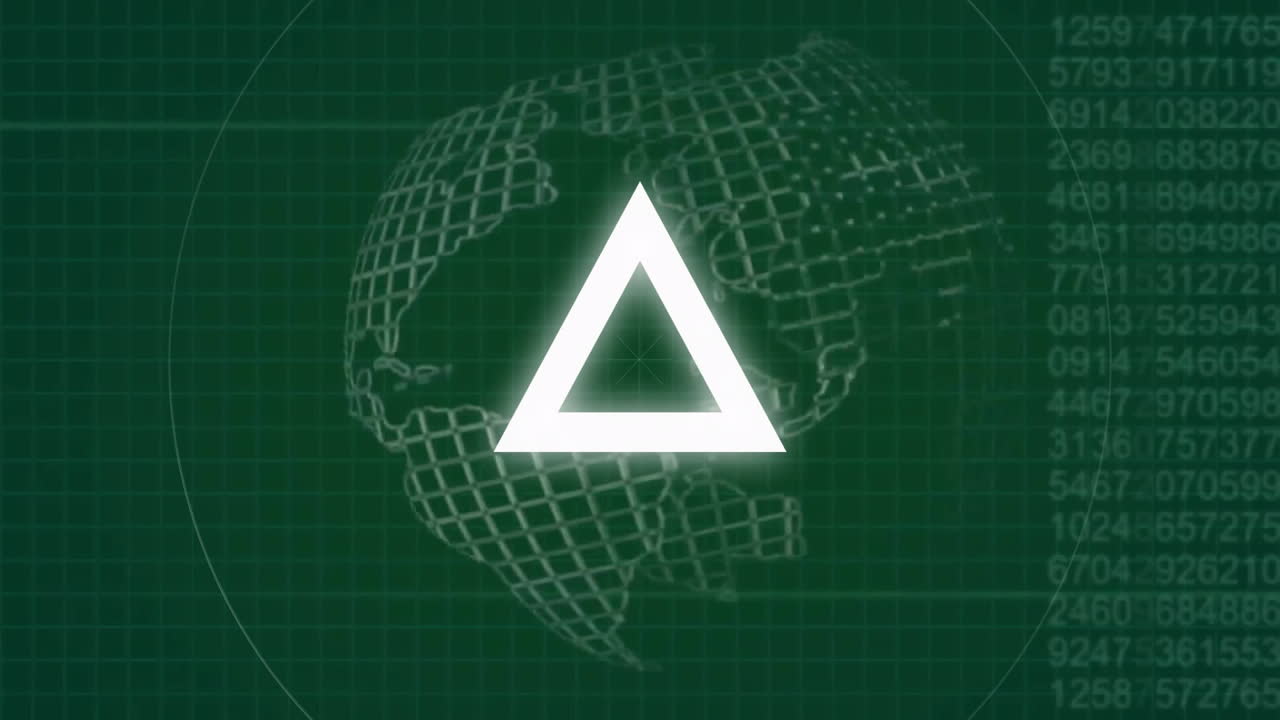 Rotating triangle animation over digital globe and grid background