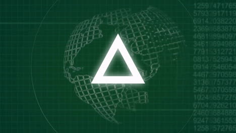 rotating triangle animation over digital globe and grid background