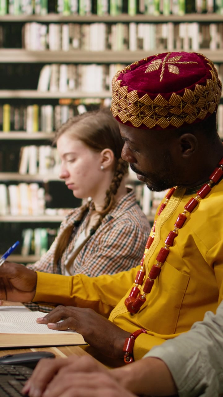 Dikey Video Sarı Geleneksel Kıyafet İçindeki Afrikalı Yetişkin Öğrenci Çalışırken Gülümsüyor