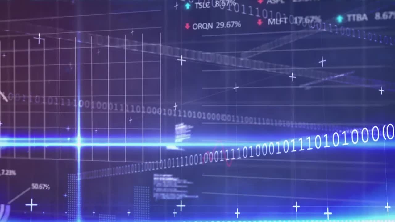 Animation of financial data processing over arrows on black background