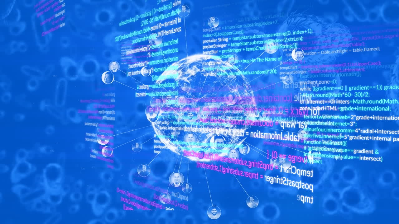 데이터 처리의 애니메이션과 파란색 배경의 지구