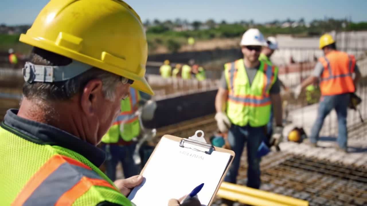 Workers at a construction site review plans and document progress while others work nearby. The team collaborates under clear skies, ensuring safety and efficiency.