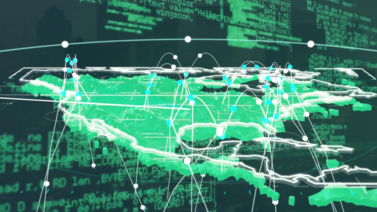 3D North America map appearing inside HUD, nodes pulsing, arcs tracing data, visualizing network