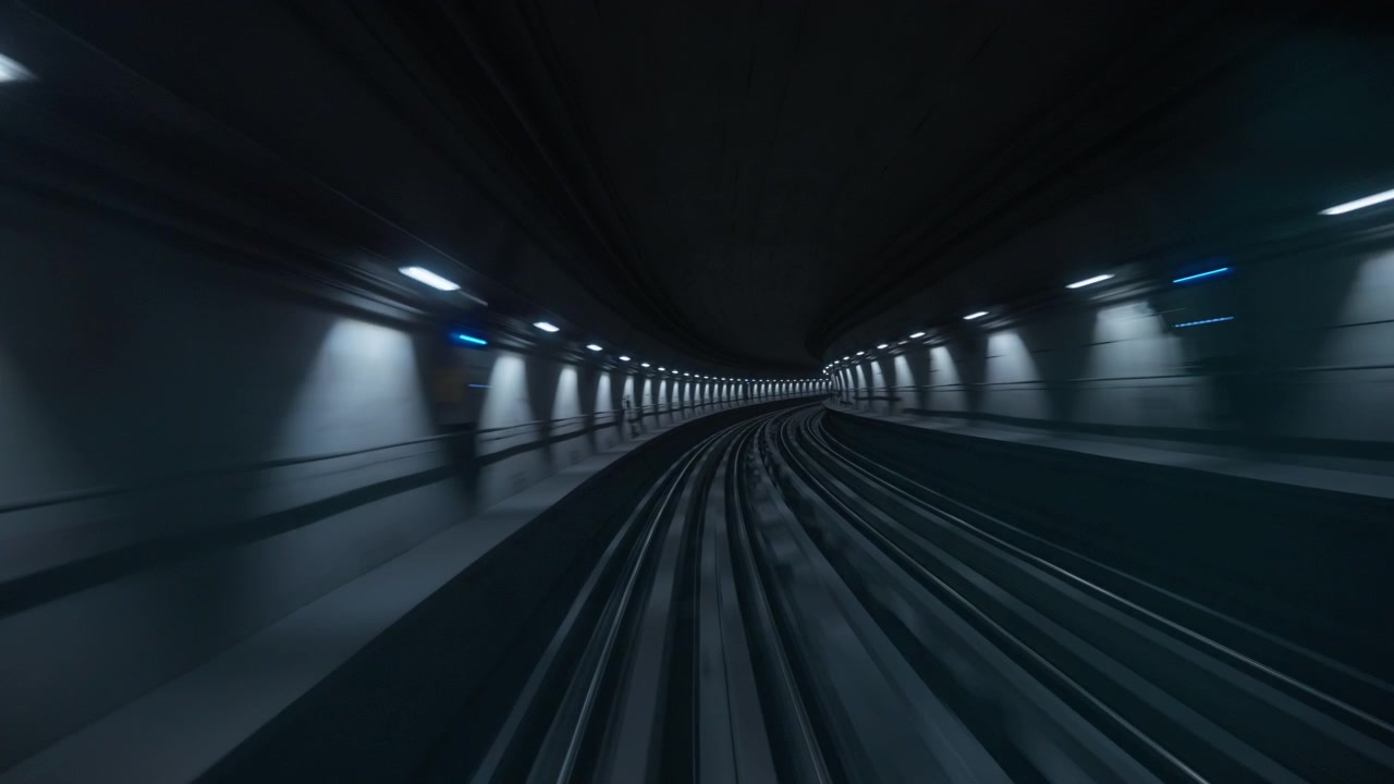 Treno ad alta velocità che si muove attraverso un tunnel sotterraneo buio
