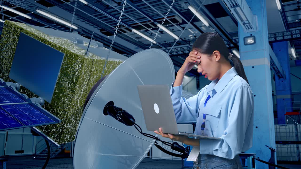 여성 엔지니어가 위성 문제에 대해 스트레스를 받았습니다.