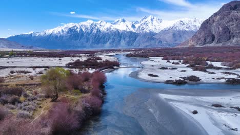 aerial drone shot capturing a winding river cutting through the stark, rocky landscape of ladakh, with towering mountains on both sides.