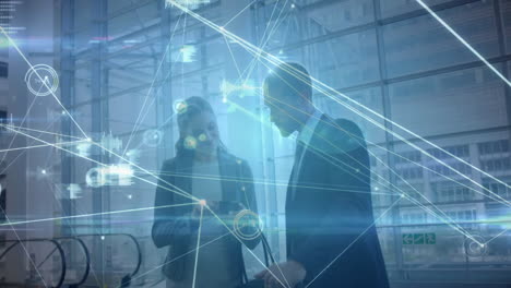 Network of connections and data processing animation over business people in office