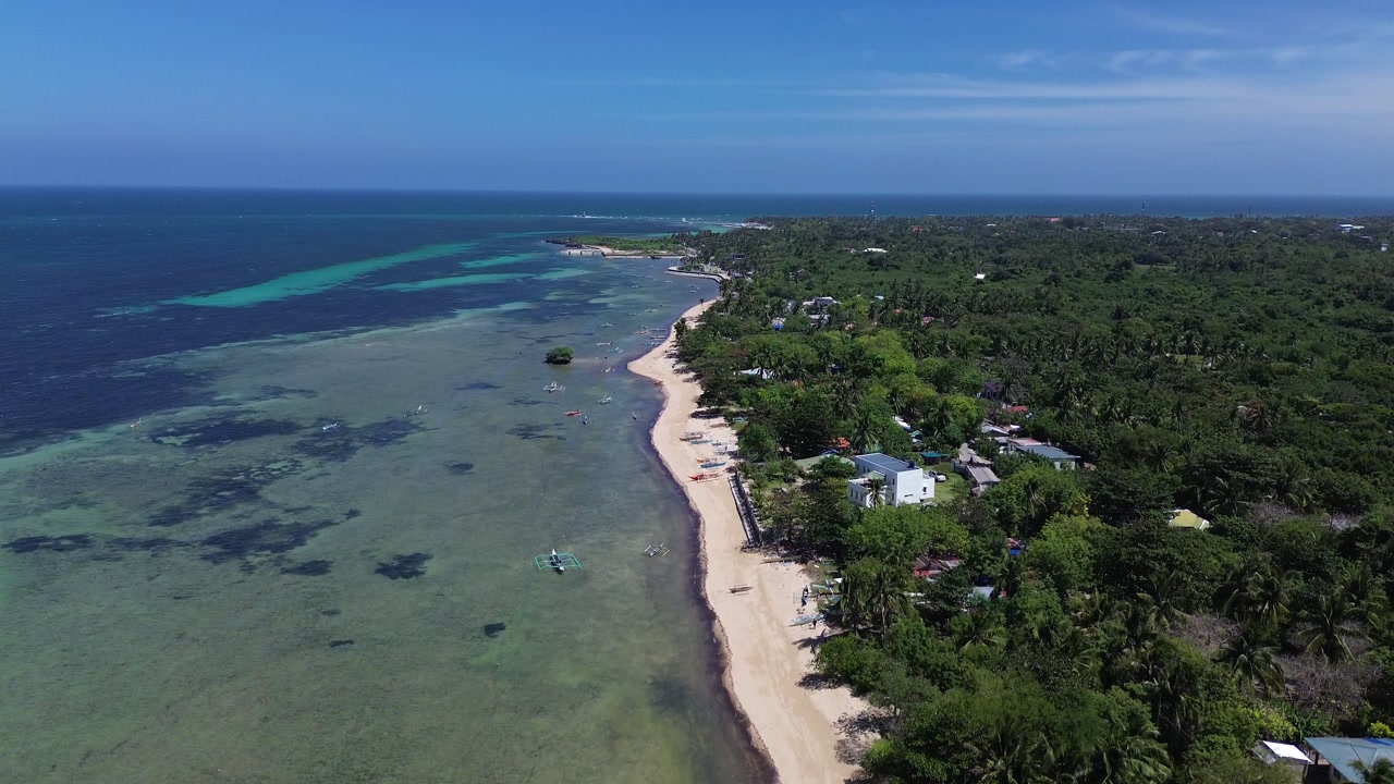 Aerial view of a pristine tropical beach with palm trees and turquoise water surrounded by dense green vegetation creating a peaceful and untouched coastal landscape on Bantayan Island Philippines