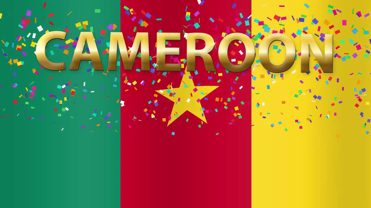 Bendera Kamerun animasi berkibar di balik teks emas dan konfeti jatuh yang semarak dalam putaran tanpa henti