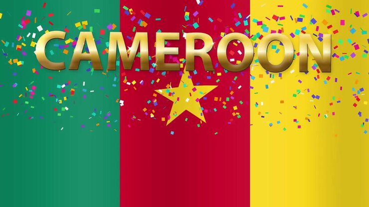 Bandiera animata del Camerun che ondeggia dietro un testo dorato e vivaci coriandoli che cadono in un loop continuo