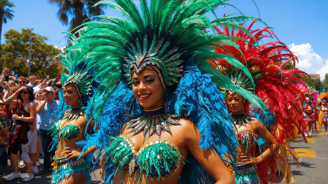 Marching parade dancer walking as street parade begins entertaining crowd with green headdress