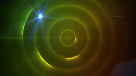 Digital-animation-of-blue-spot-of-light-against-green-spiral-light-trails-on-black-background