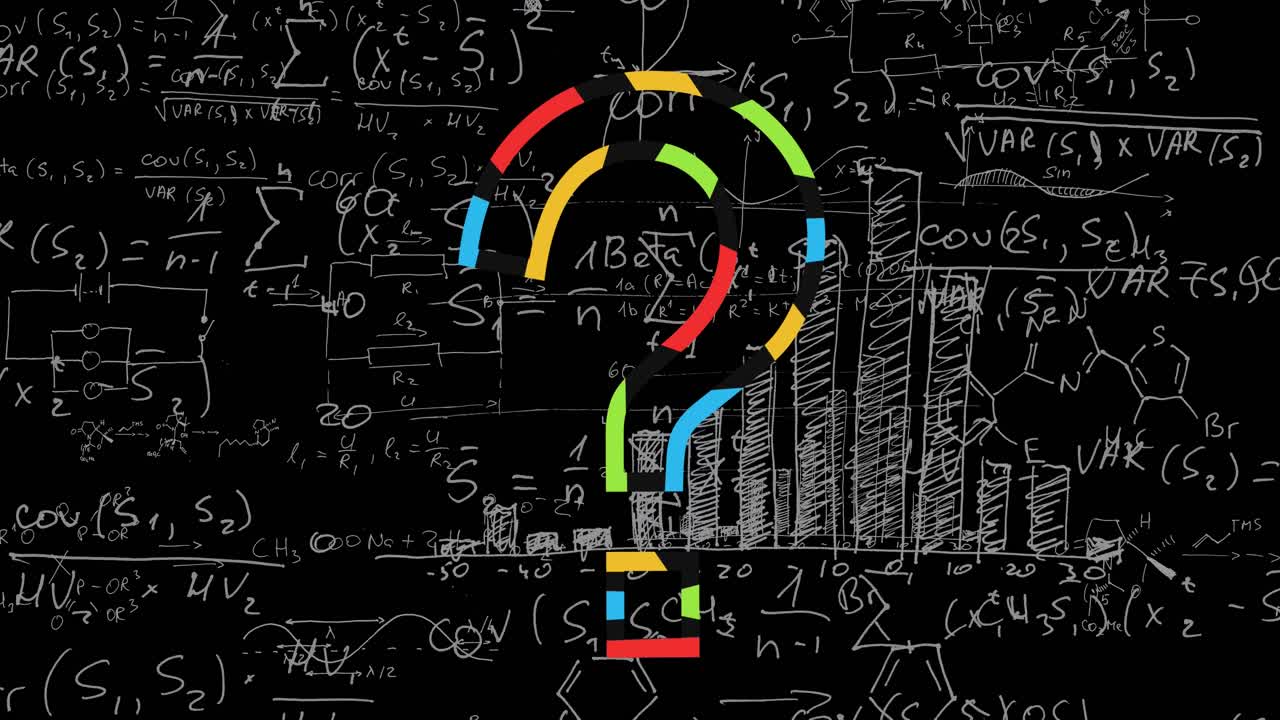 Animation of question mark and mathematical equations on black background
