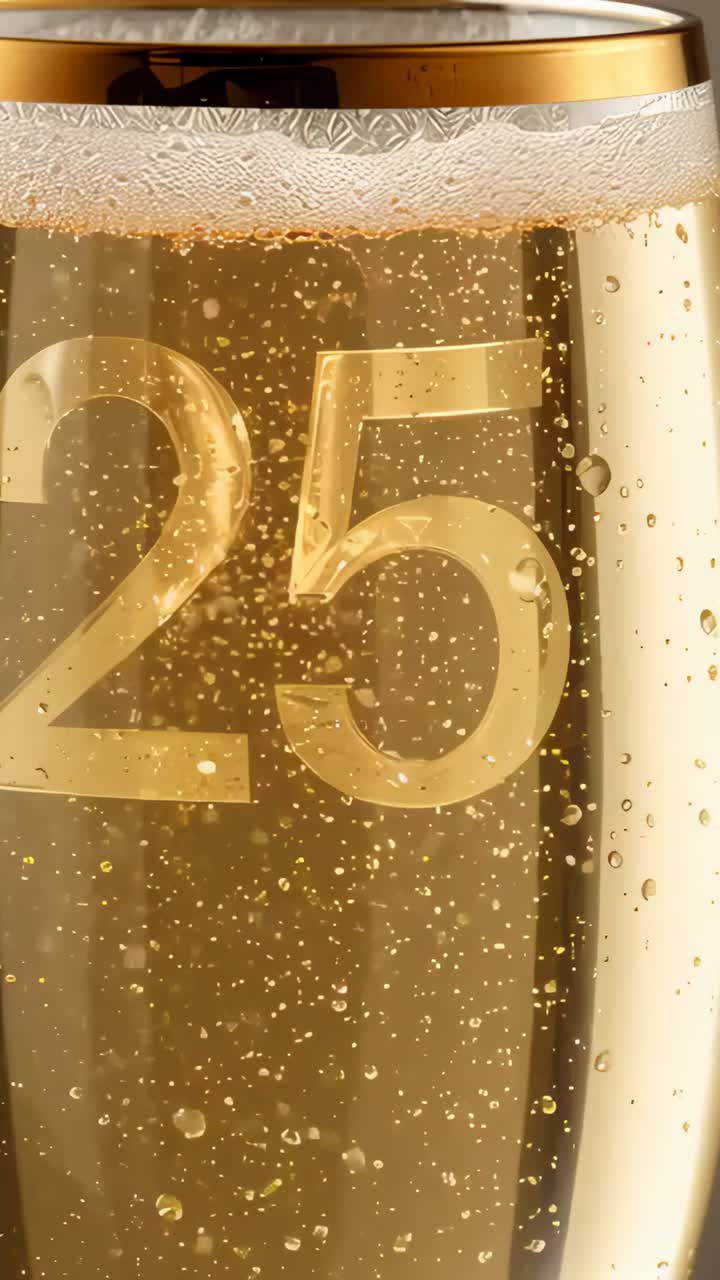 Vertical video: Showing frames of gold rim flute releasing bubbles from gas in studio, embossed 25