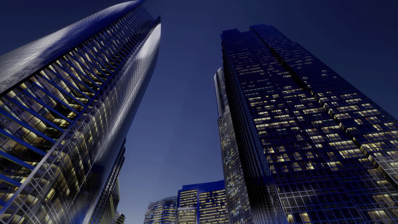 Skyscrapers illuminated against night sky in a bustling urban landscape