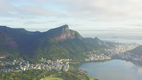 Aerial-view-of-Rio-de-Janeiro-landscape-and-Christ-the-redeemer,-Brazil