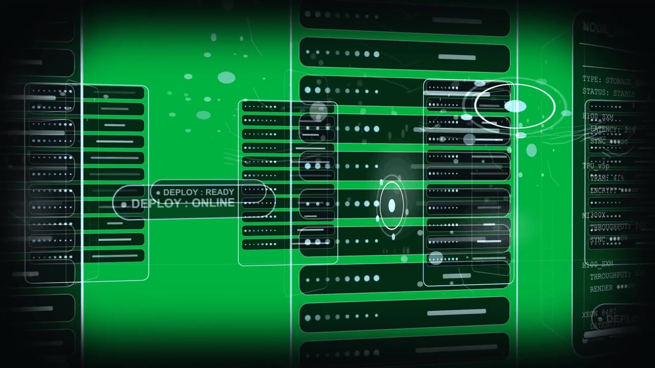 Central oval pulserer, 3D-racks justeres, forbindelser etableres, DEPLOY synkroniserer data på gennemsigtig baggrund.
