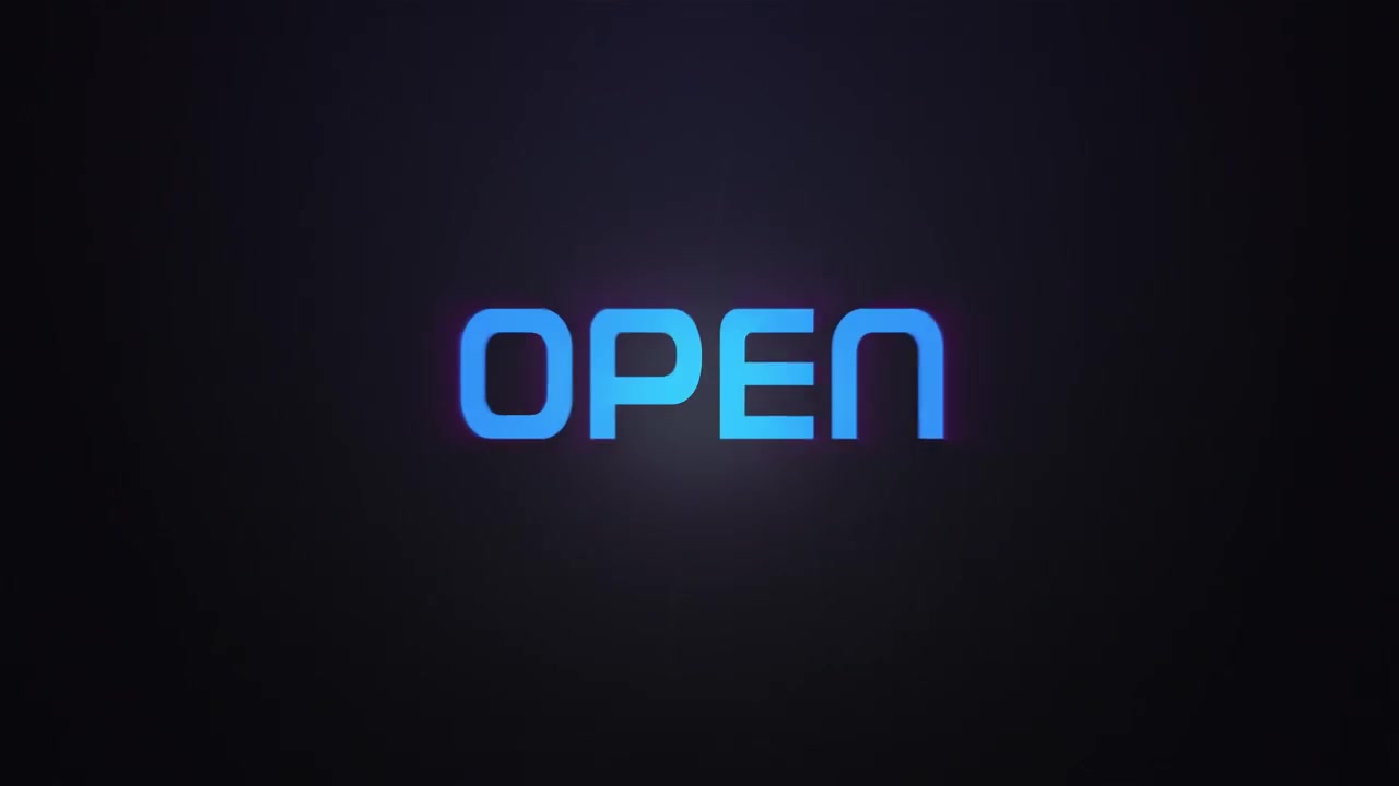 Glowing explosion OPEN text reveal blue and pink