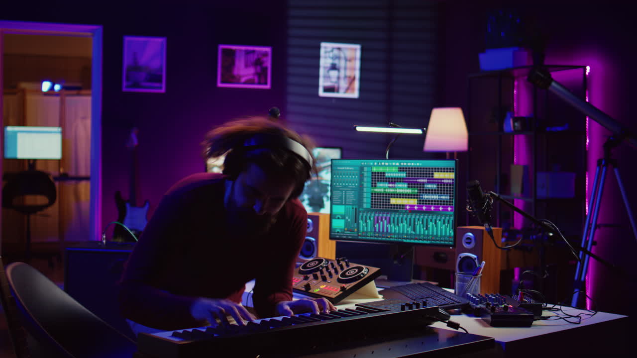 músico grabando melodías de piano electrónico y divirtiéndose en su estudio de casa