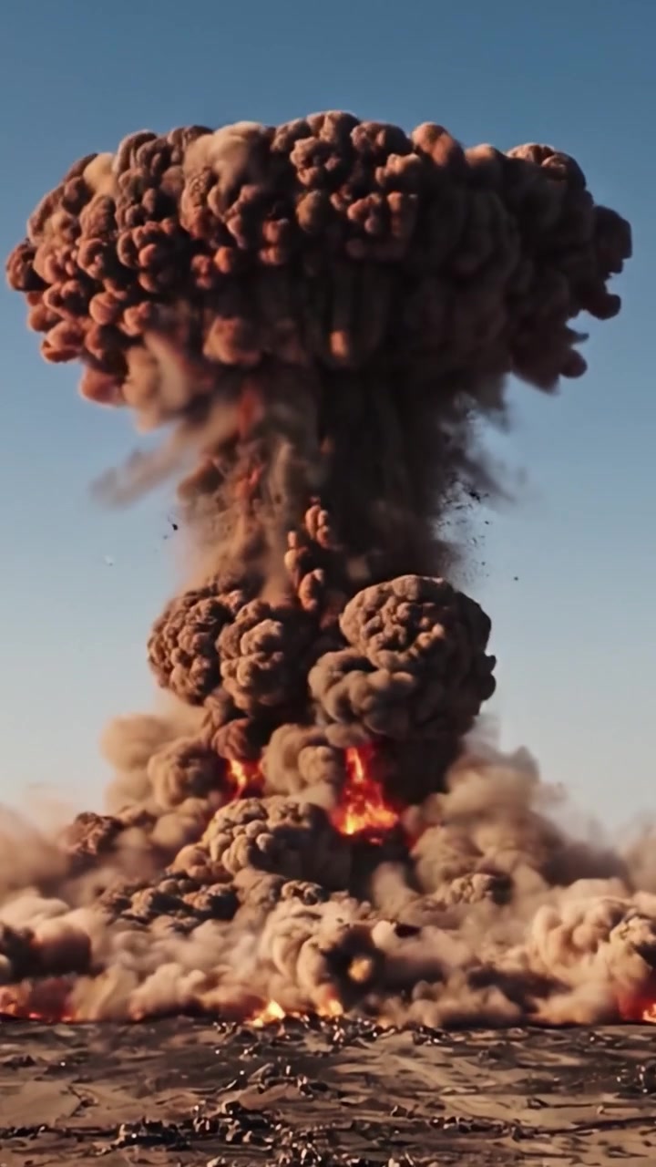 Eine atemberaubende Demonstration explosiver Kraft: Der ehrfurchtgebietende Moment einer massiven Pilzwolke, die aus einer extrem starken Explosion vor einem klaren blauen Himmel aufsteigt