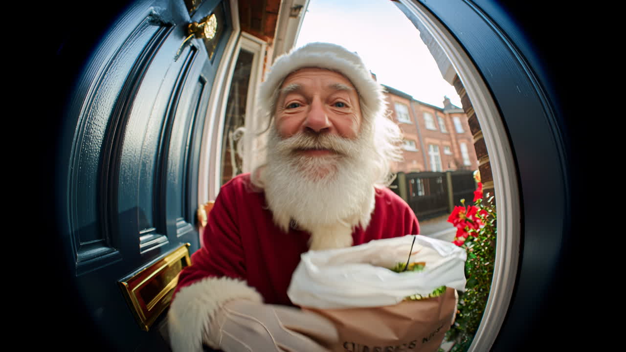Santa delivers gifts on a winter day. Santa stands at a blue door, cheerfully delivering a gift while surrounded by festive decorations and flowers