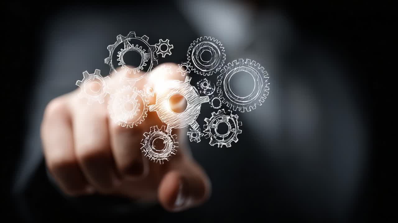 A Professional Hand Interacting with Virtual Gears, Symbolizing Technology Integration and Innovation in Automation and Mechanics