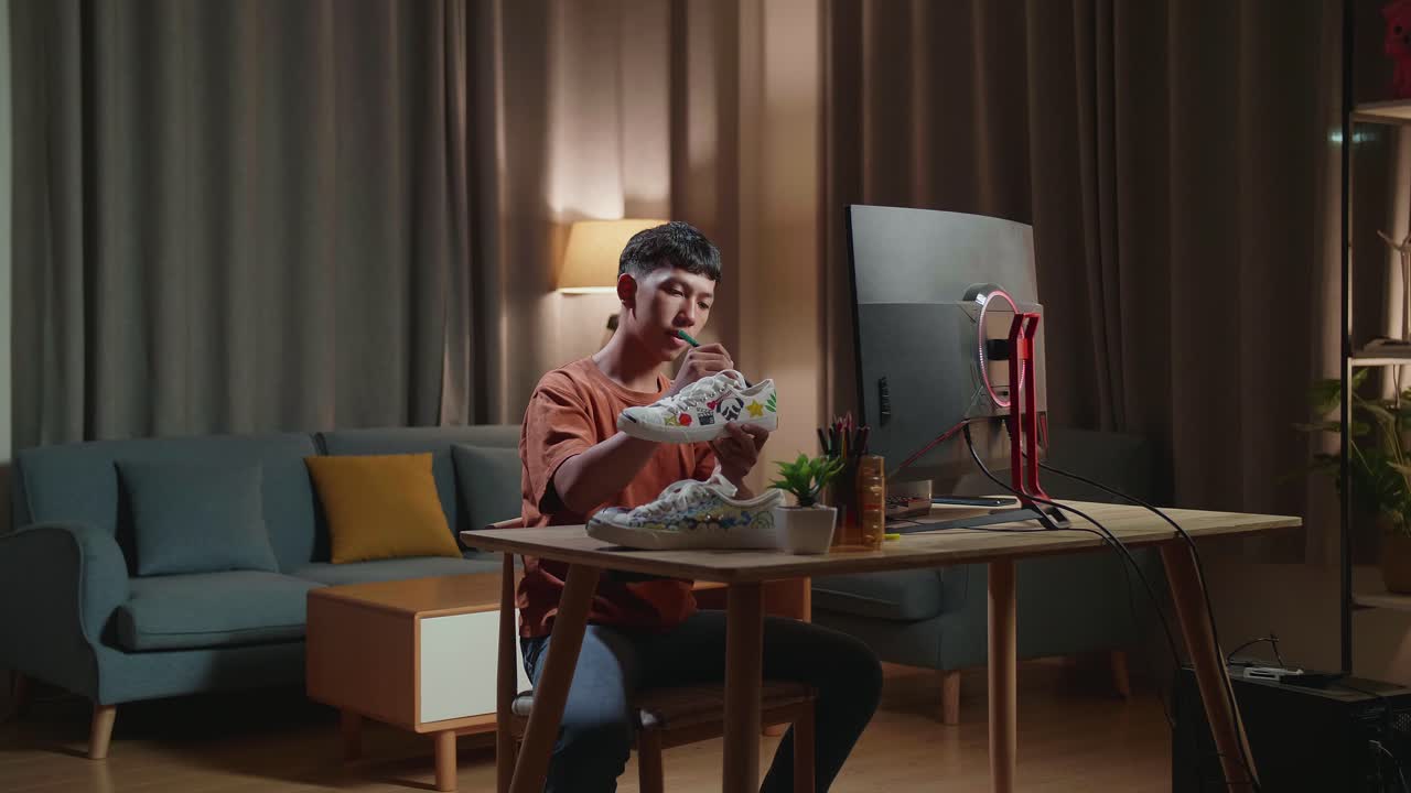 Young Man Painting Shoes at Home