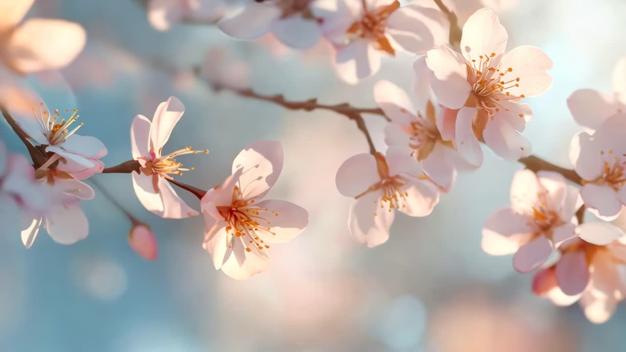 Close-up, soft-focus video of cherry blossoms on branches, capturing delicate petals and warm