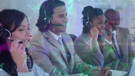 animation of globe and networks over diverse business people using phone headsets