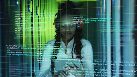 animation of data processing over african american female engineer using tablet at server room