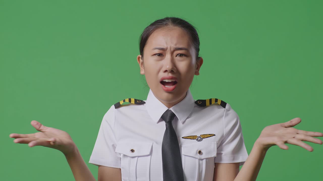 "아시안 여성 조종사가 ""왜?""라고 묻고 녹색 스크린 배경 스튜디오에서 의심스럽게 서 있습니다."