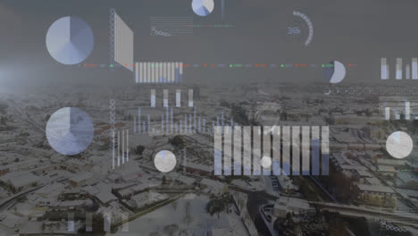 animación de múltiples gráficos, círculos de carga sobre vista aérea de la ciudad moderna cubierta de nieve