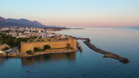 aerial of the girne castle in cyprus during sunrise