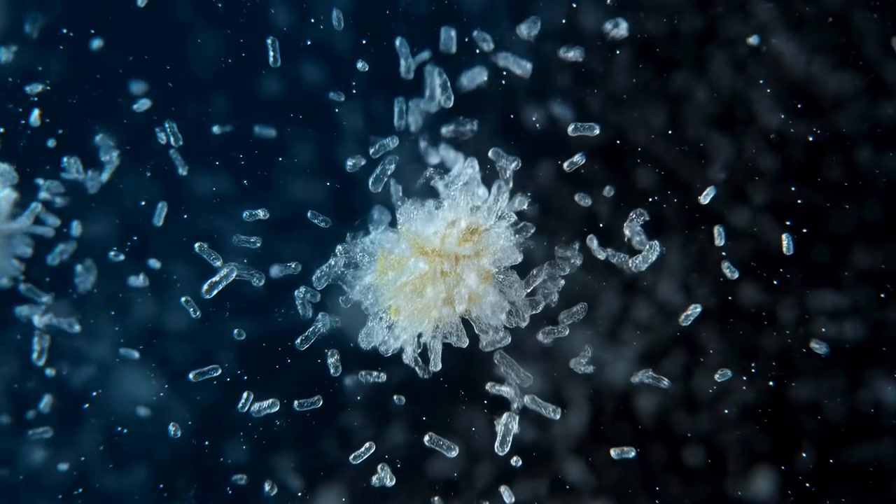 視点が近づくにつれ、クリームホワイトの中央フォームの周囲で透明な細長い粒子が様々な方向に動く。ガラス質の表面、柔らかなハイライト、浅い被写界深度、そして層状になった青黒い背景が浮かび上がる。