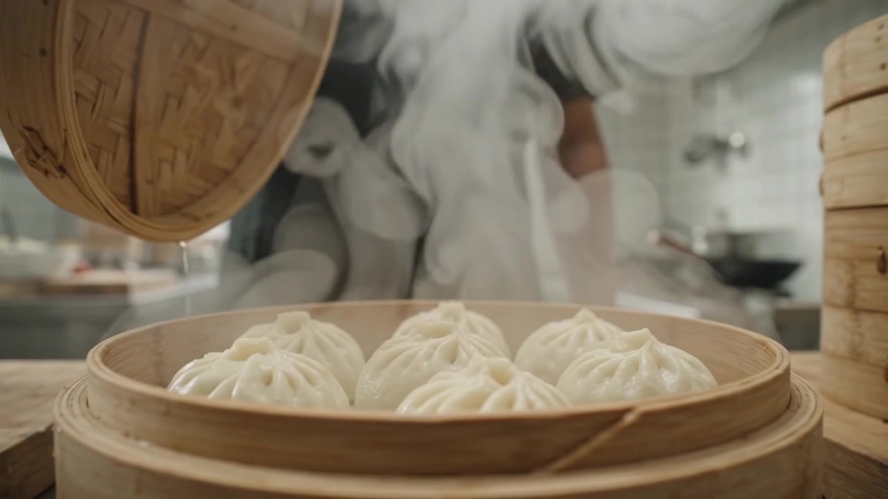 Chef Opening Steaming Bamboo Basket of Fresh Dumplings