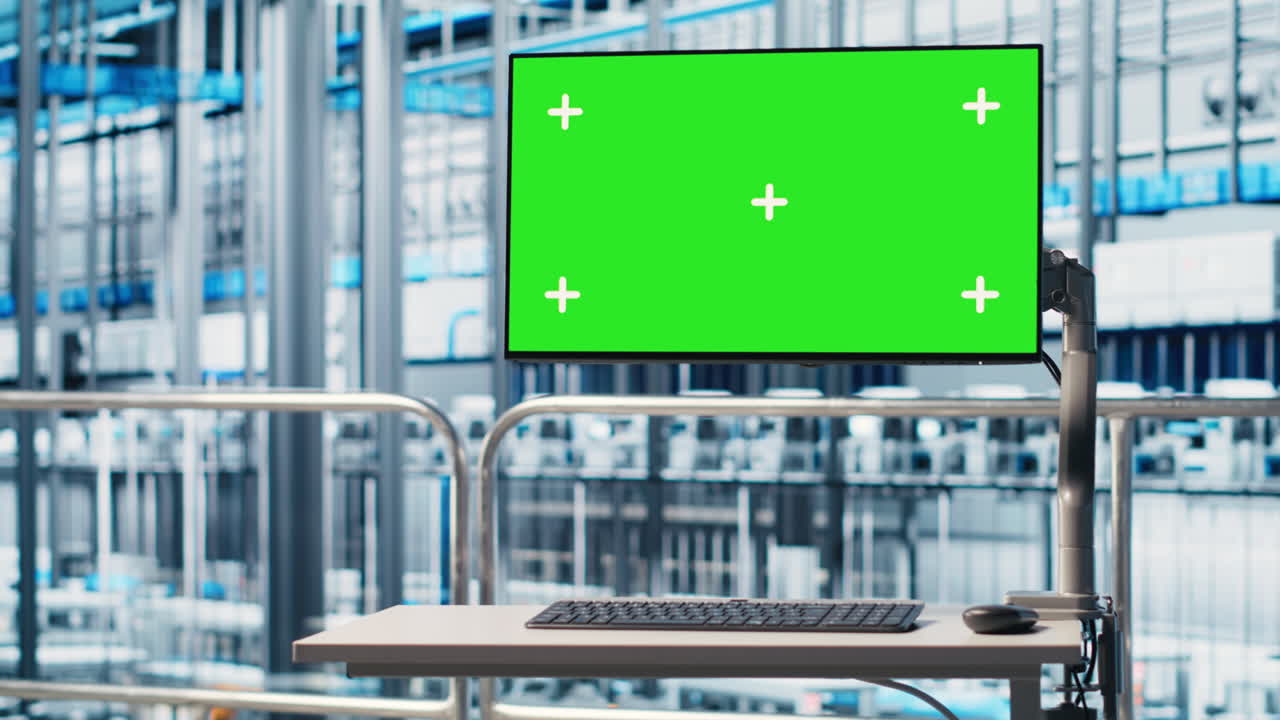 Green screen monitor displays analytics dashboard for industry 4.0 smart factory