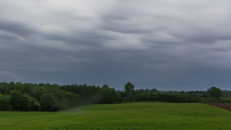 timelapse in a green meadow on a wintery wet day with moody clouds