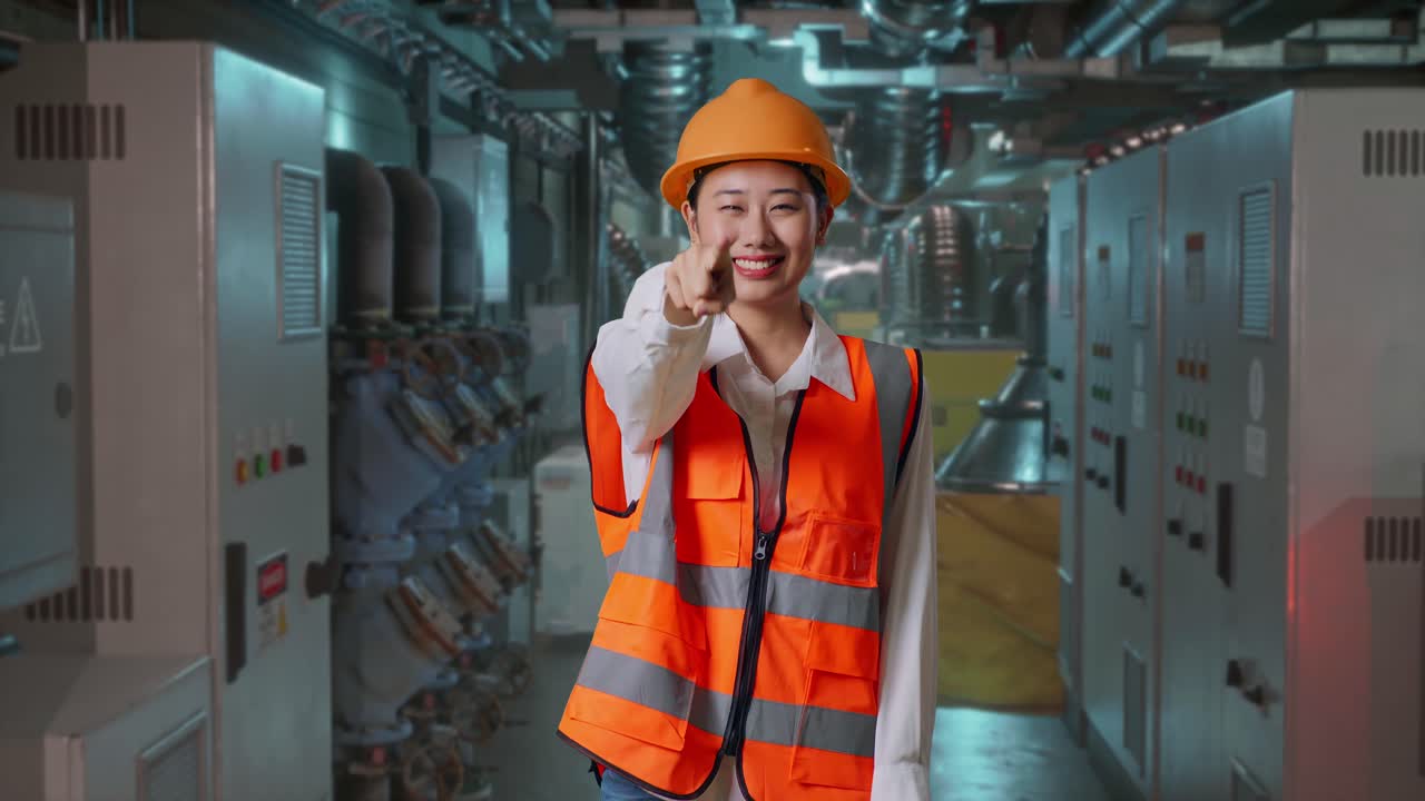 Female Engineer Pointing at the Camera in a Factory