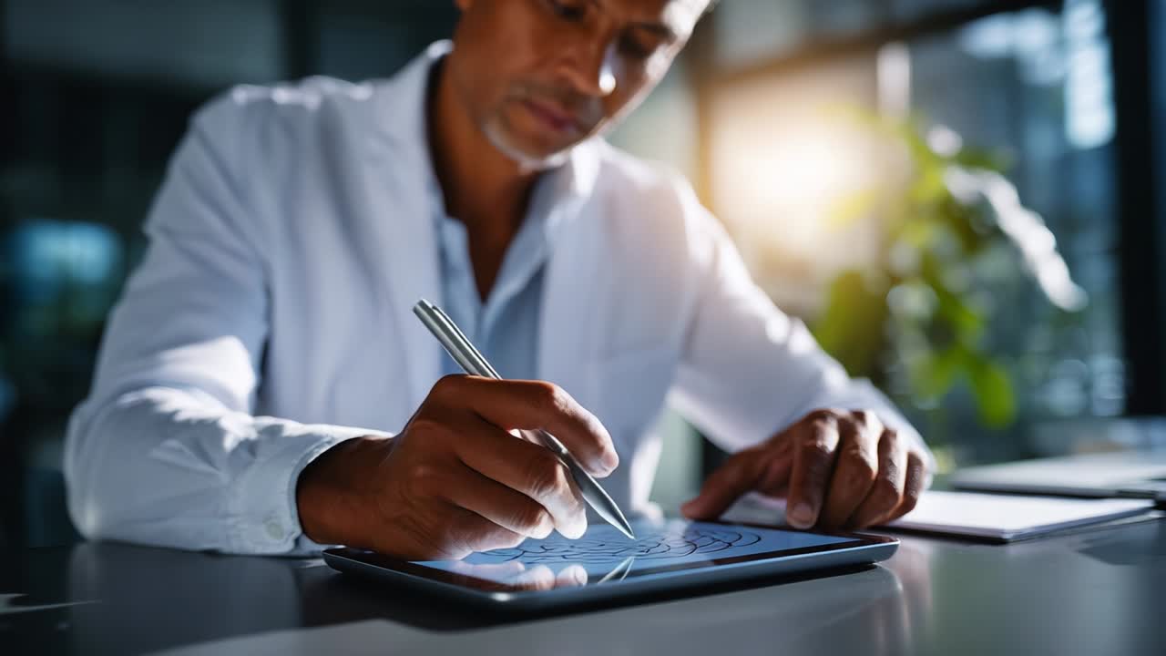 A focused professional engages in digital creative work, using a stylus on a tablet to bring innovative ideas to life, highlighting the blend of technology and artistic expression in a vibrant workspace