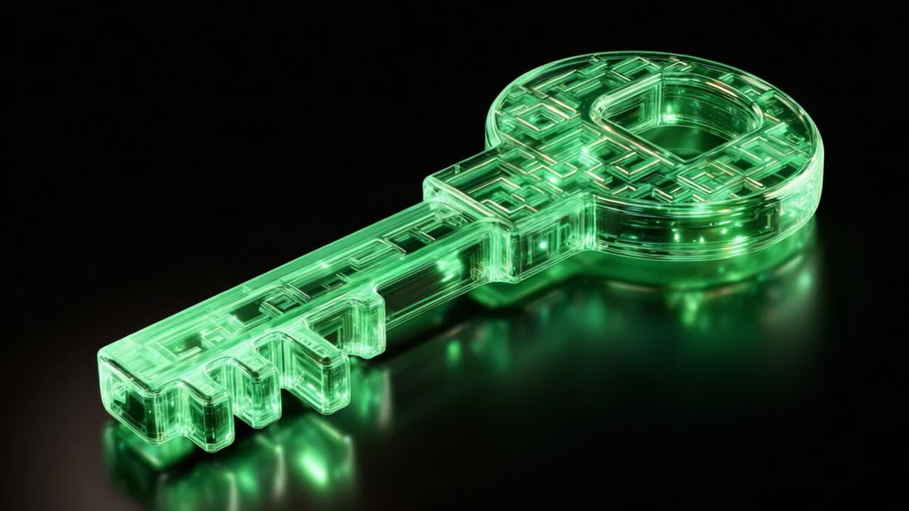 Futuristic transparent key with a glowing green circuit board labyrinth inside, slowly rotating on a reflective black background, representing digital security, encryption, and access control