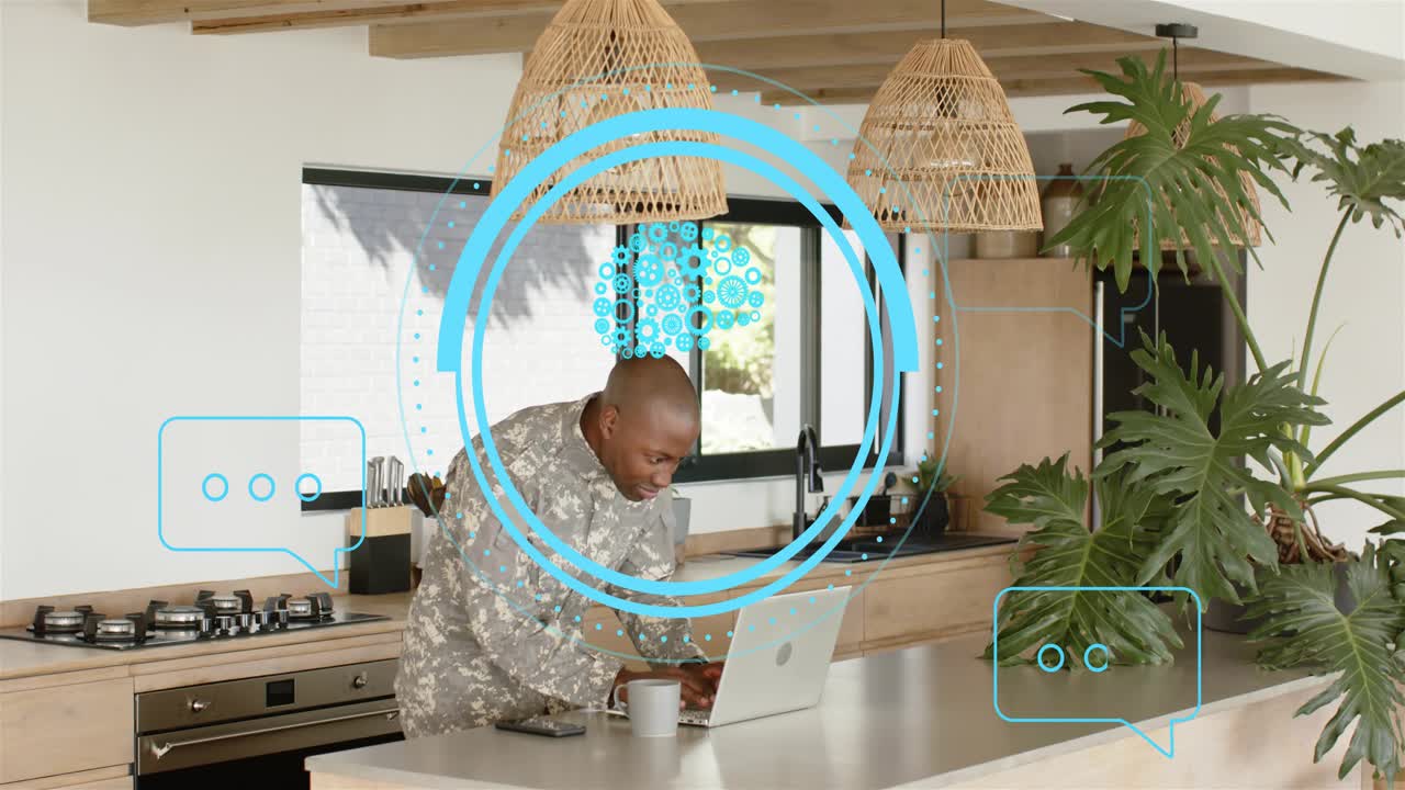 Soldier in kitchen seeing blue HUD, leaning into laptop and typing to reply tech messages