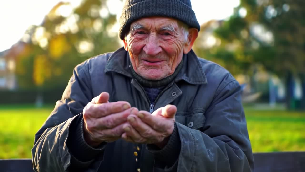 An elderly man with a warm smile gently extends his hands, inviting connection with nature as the sunlit garden backdrop showcases a serene atmosphere of joy and kindness.