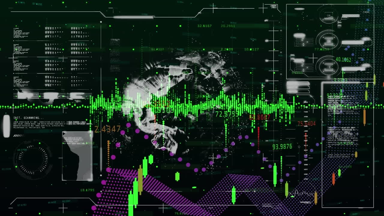 Animation of charts and data processing over globe and screen